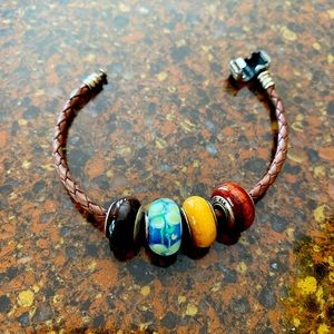 Pandora leather bracelet with wooden and flower beads
